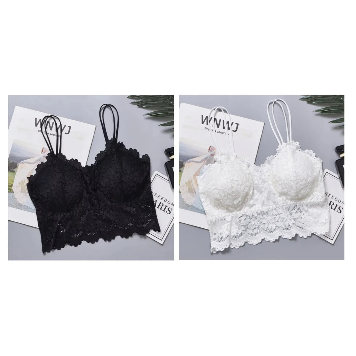 CowLost | product_id-2pcs-women-s-lace-bralette-set-non-wire-crop-top-with-double-straps-removable-pads |11