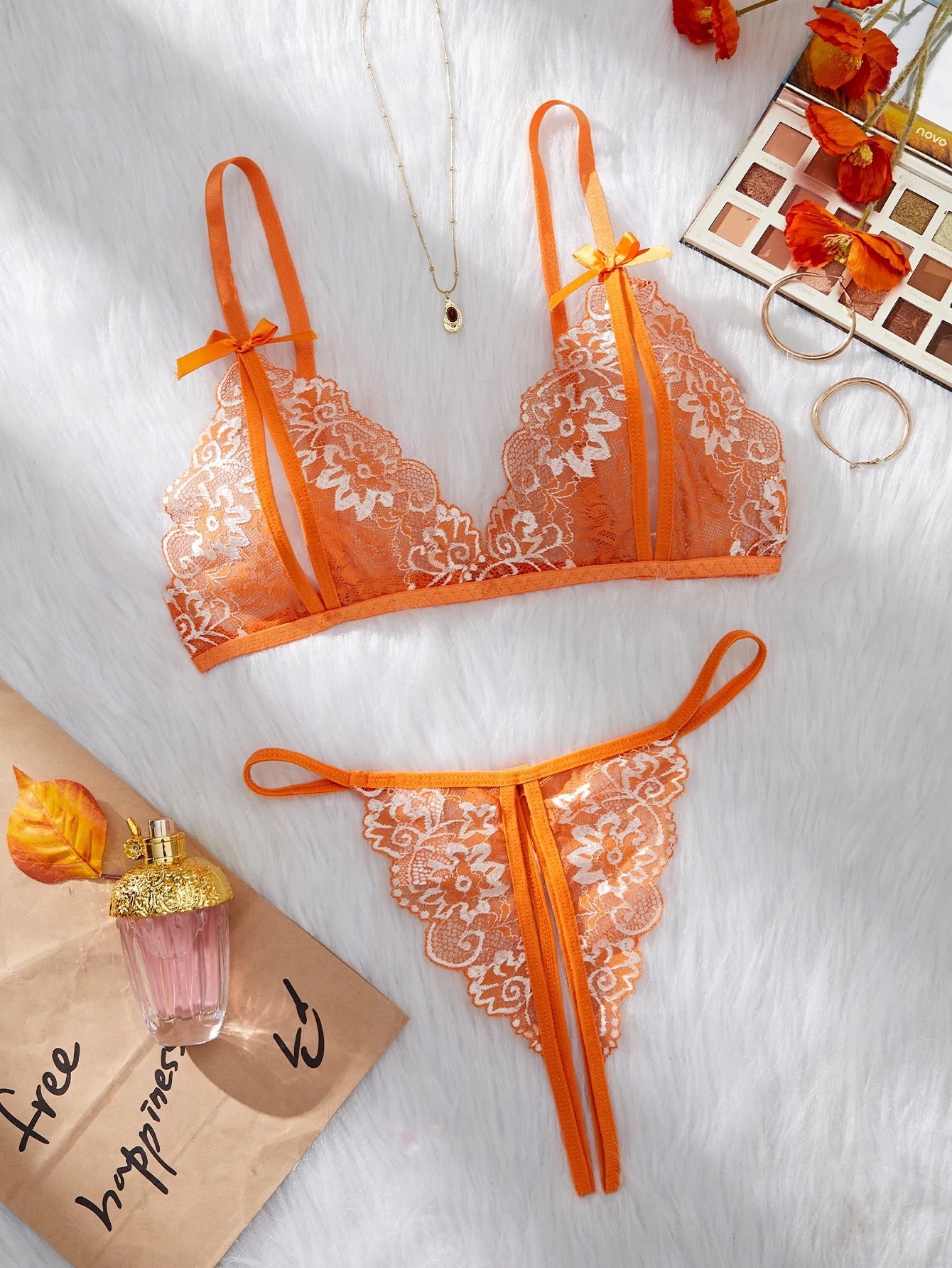 CowLost | orange-lace-contrast-sexy-lingerie-for-women-open-chest-bra-thongs-sets |7