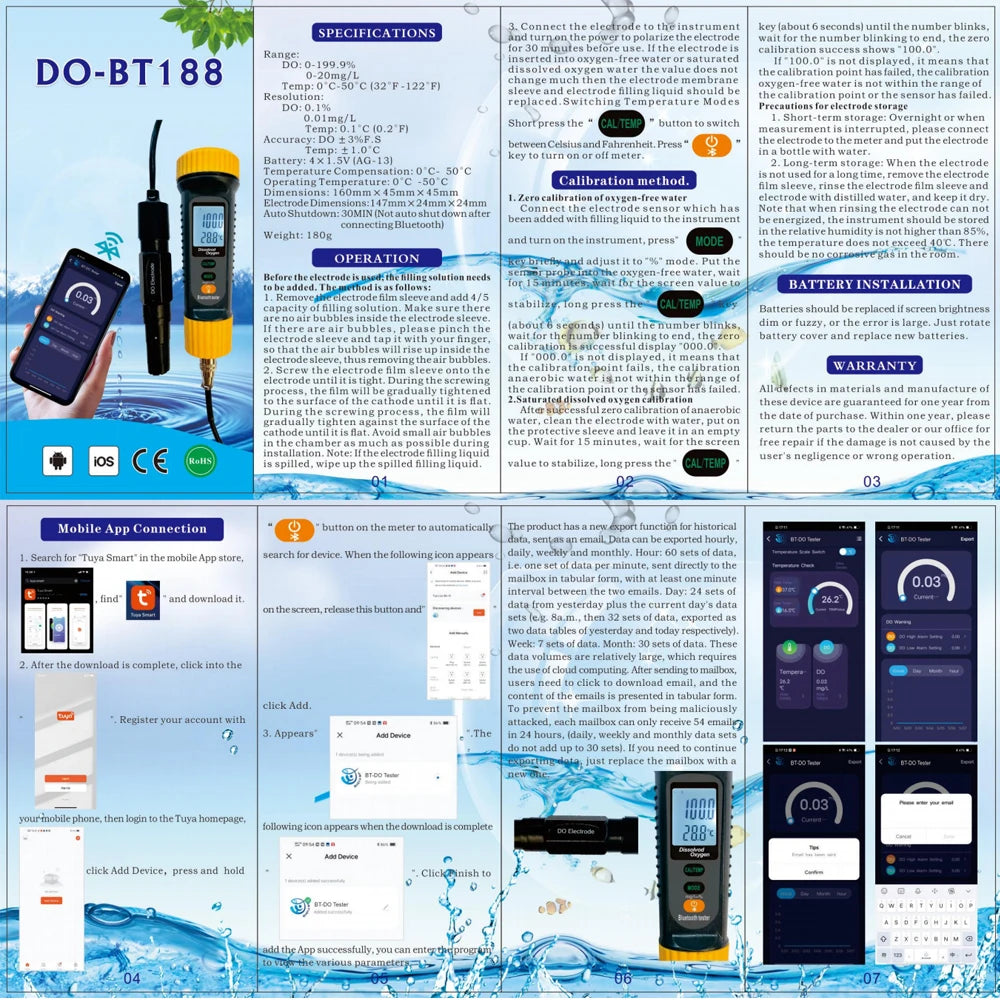 Bluetooth Digital Dissolved Oxygen Meter 0-20 mg/L DO Tester for Pool Hydroponics Aquaculture