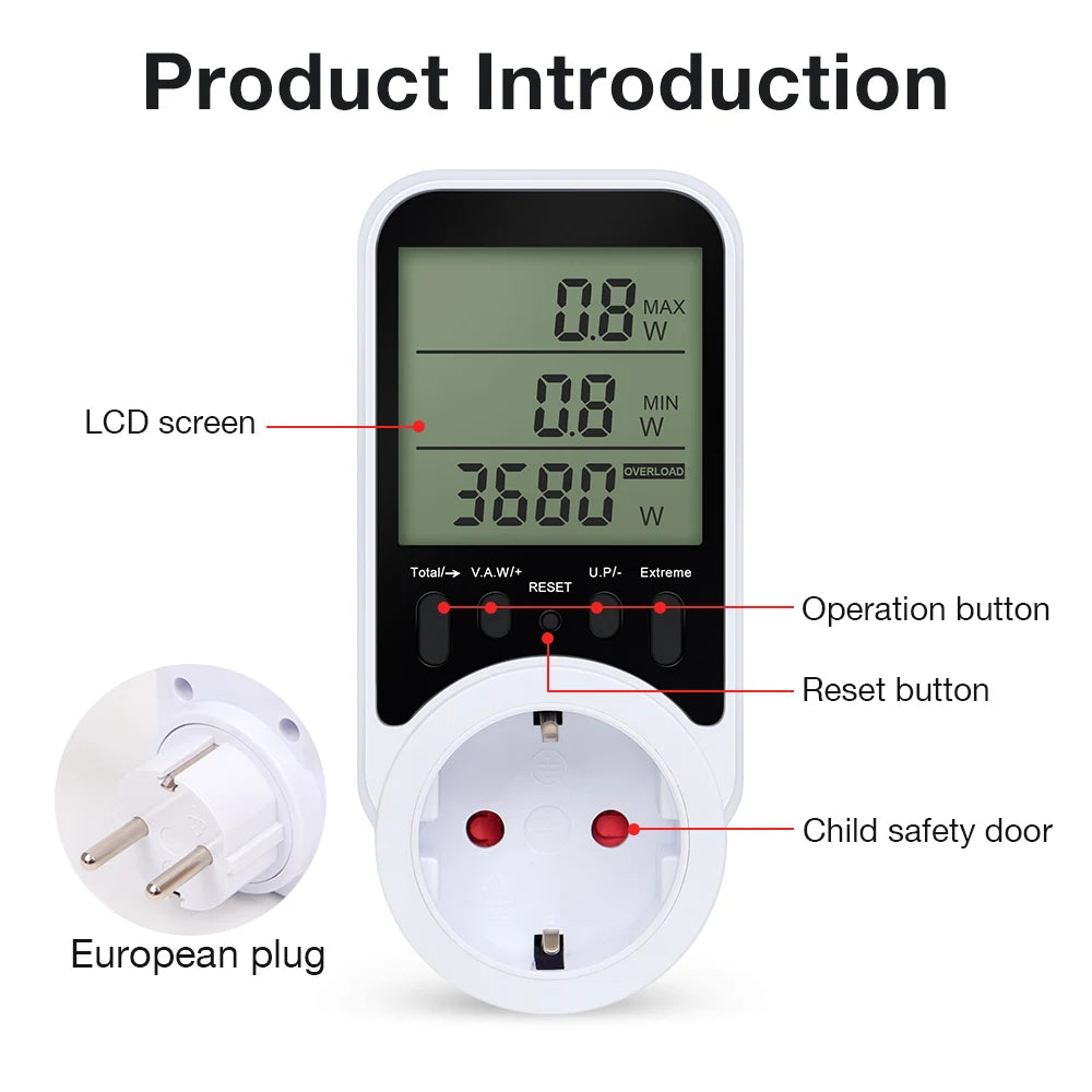 Digital Power Meter Socket 120-240V Wattmeter Energy Consumption Analyzer for Household Appliances