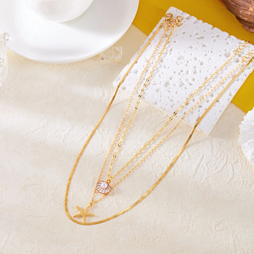 CowLost | bohemia-mulitlayer-ocean-series-necklace-for-women-starfish-shell-pearl-conch-flower-fish-tail-metal-choker-beach-party-jewelry |5