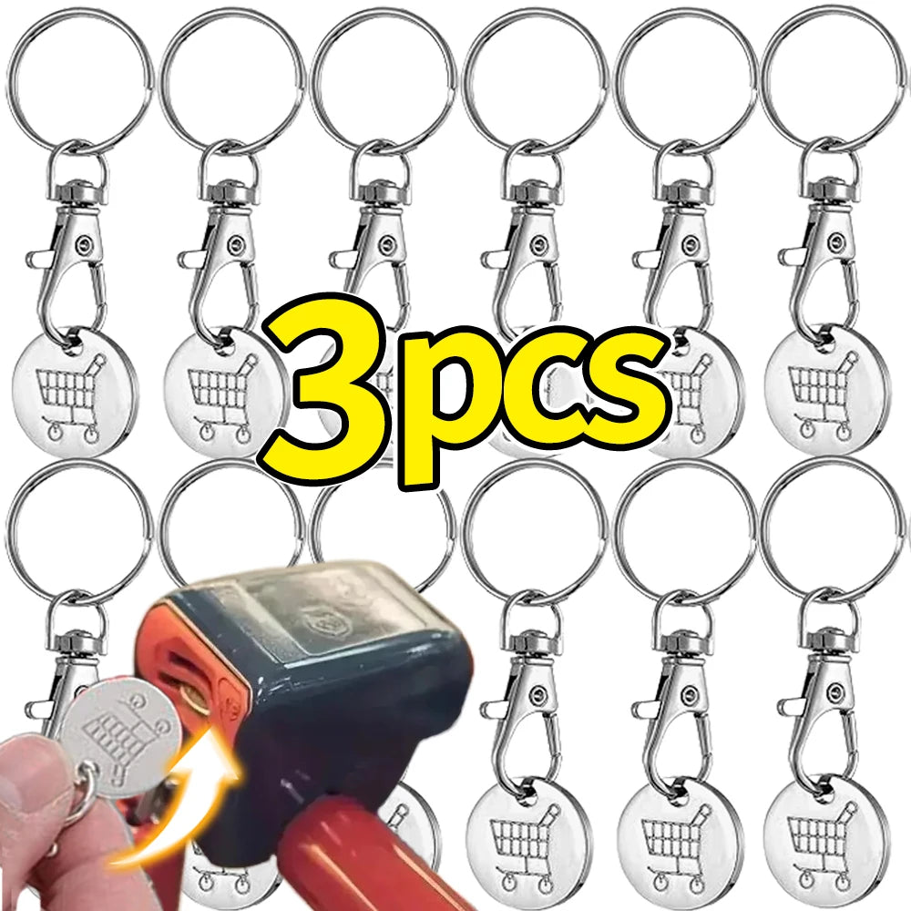 1/6Pcs Stainless Steel Trolley Tokens Keychains Portable Shopping Cart Key Rings Decoration