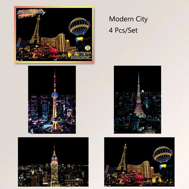 CowLost | product_id-4pcs-a5-diy-scratch-painting-set-cherry-blossoms-classical-buildings-landscapes-animals |20
