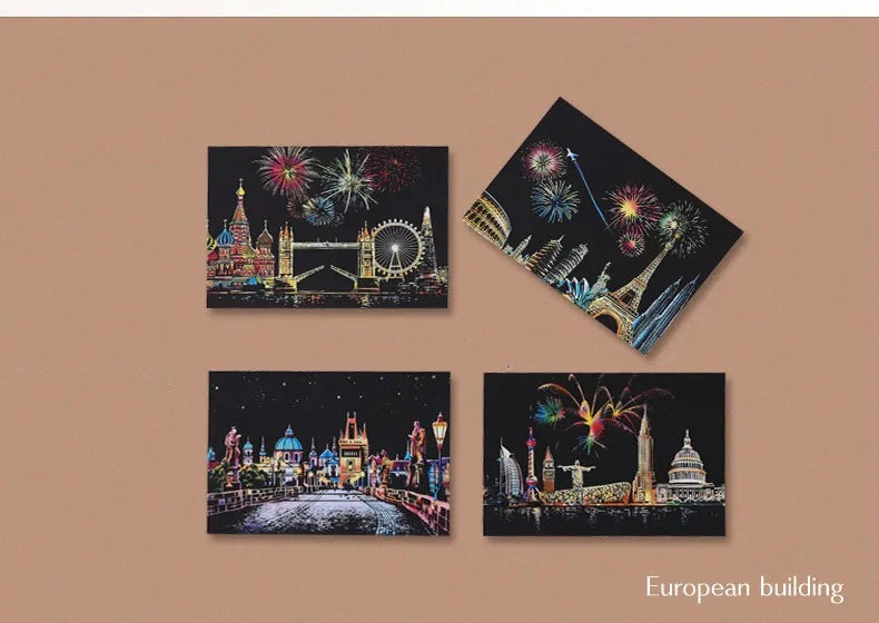 CowLost | product_id-4pcs-a5-diy-scratch-painting-set-cherry-blossoms-classical-buildings-landscapes-animals |12