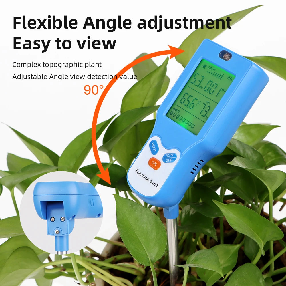 6-in-1 Soil Meter PH Moisture Temperature Light Humidity Fertility Tester LCD Rotate 90° for Garden Farm