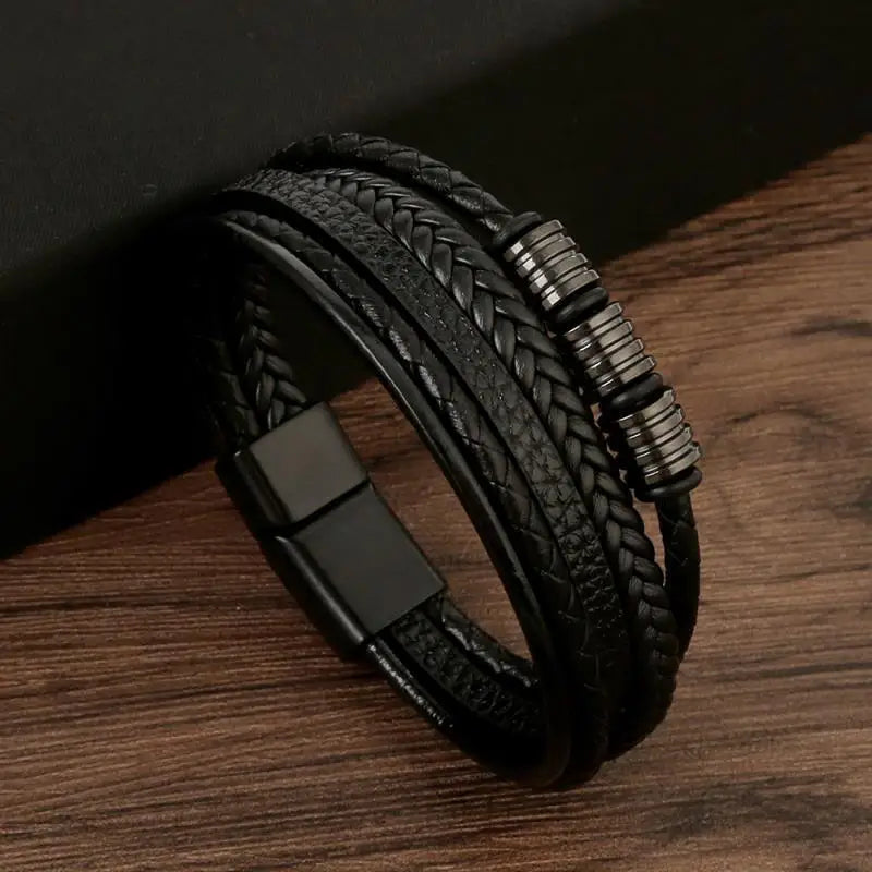 CowLost | punk-men-leather-bracelet-with-stainless-steel-magnetic-clasp-braided-mutilayer |24