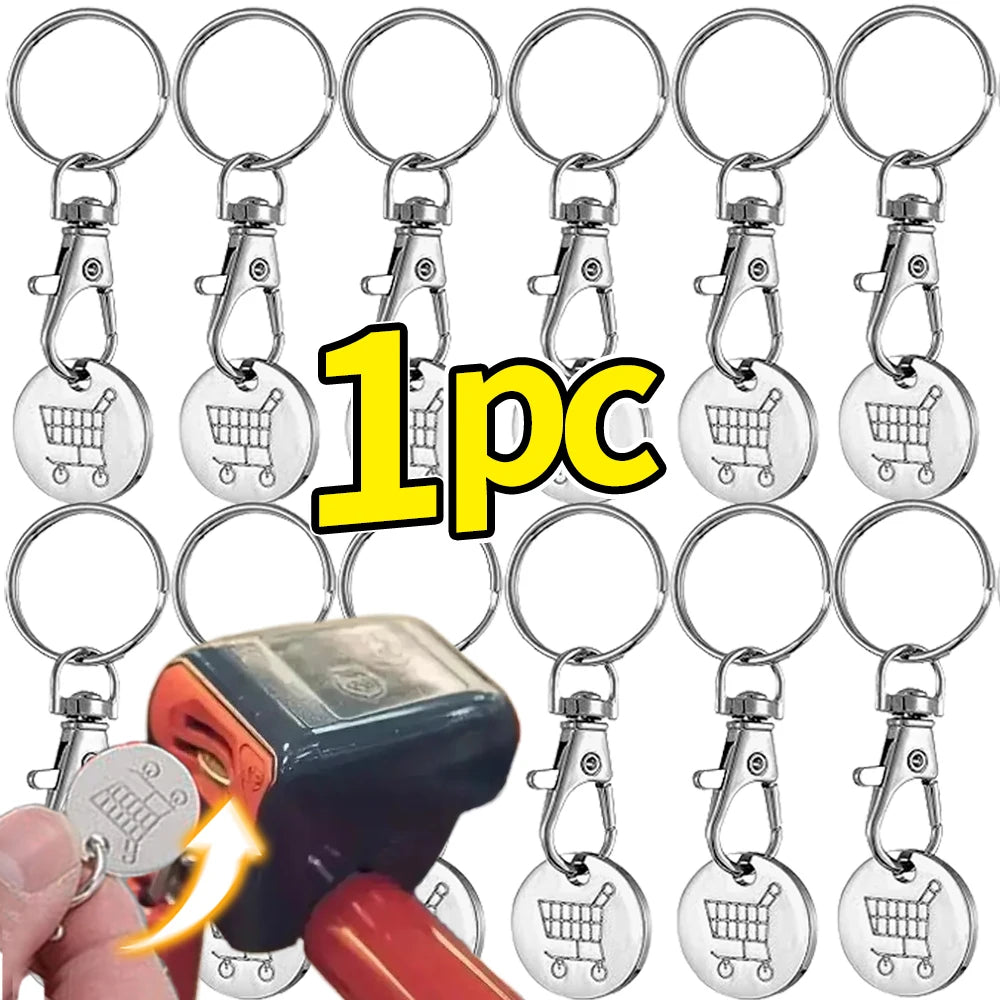1/6Pcs Stainless Steel Trolley Tokens Keychains Portable Shopping Cart Key Rings Decoration