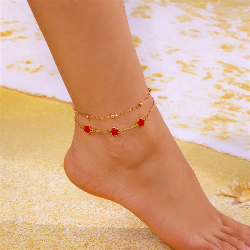 CowLost | new-5-leaf-flower-anklet-for-women-double-layer-lucky-flowers-metal-chain-bracelet-on-the-leg-beach-barefoot-sandal-jewelry |4