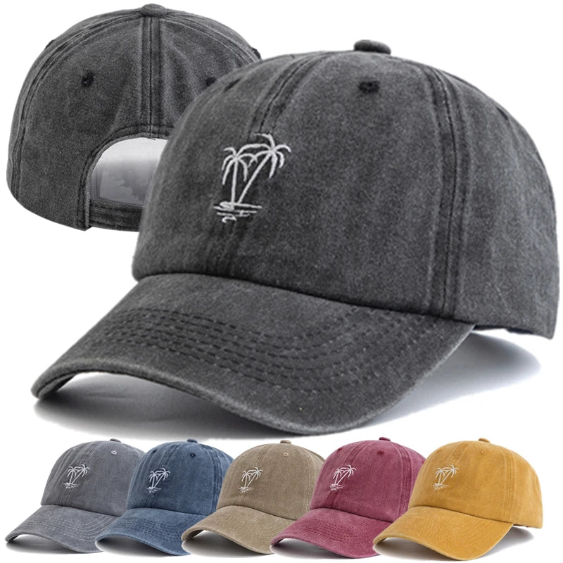 CowLost | unisex-washed-cotton-cap-coconut-tree-embroidery-vintage-baseball-cap |1