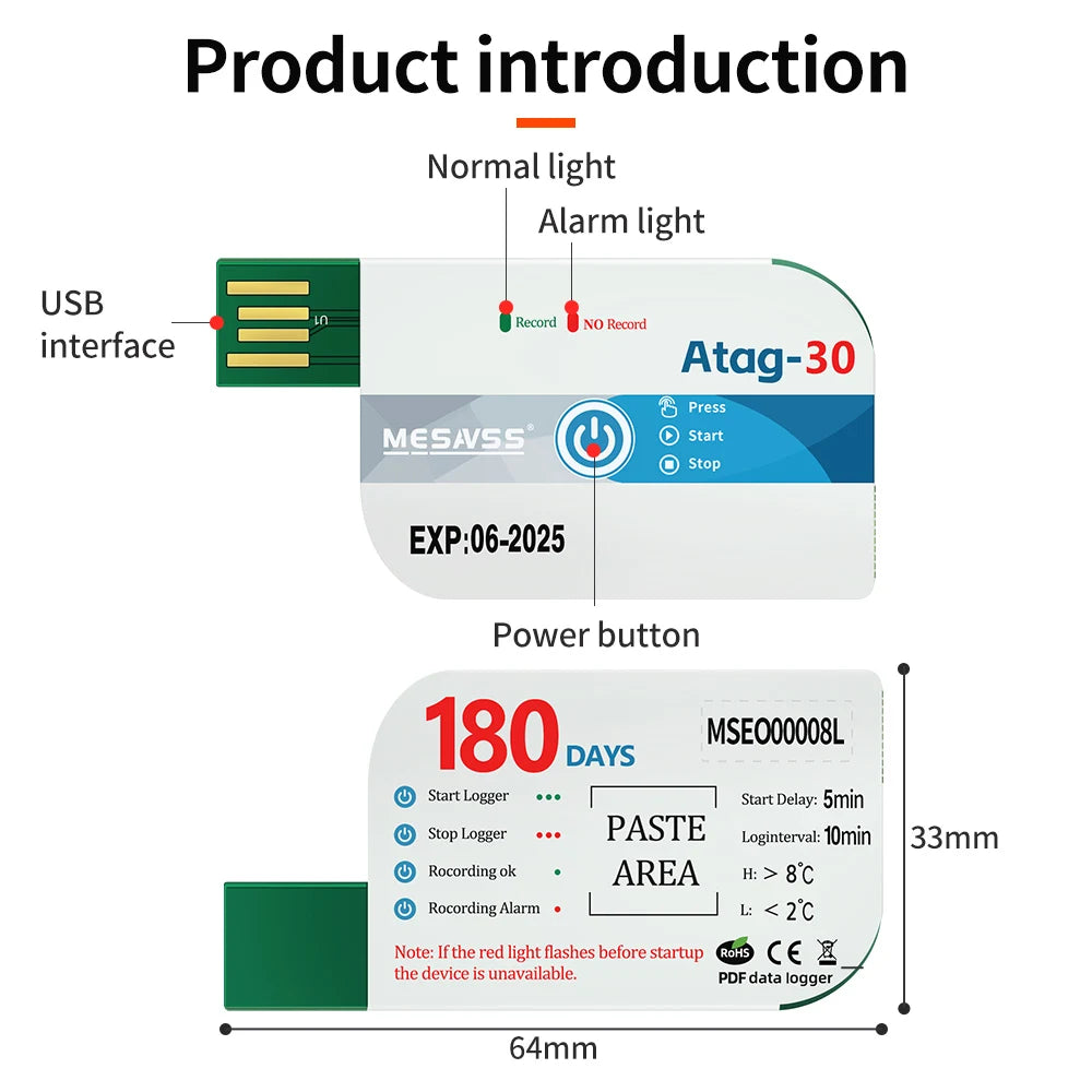180-Day Disposable USB Temperature Data Logger with LED Indicator and Temp Alarm for Cold Chain Transport PDF Report