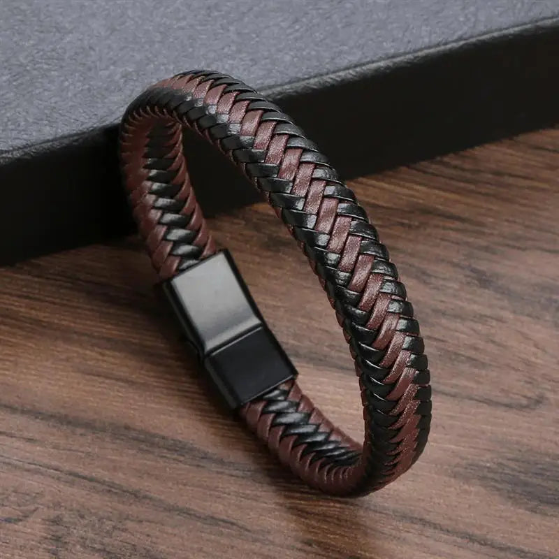 CowLost | jiayiqi-punk-men-jewelry-black-braided-leather-bracelet-stainless-steel-magnetic-clasp |10