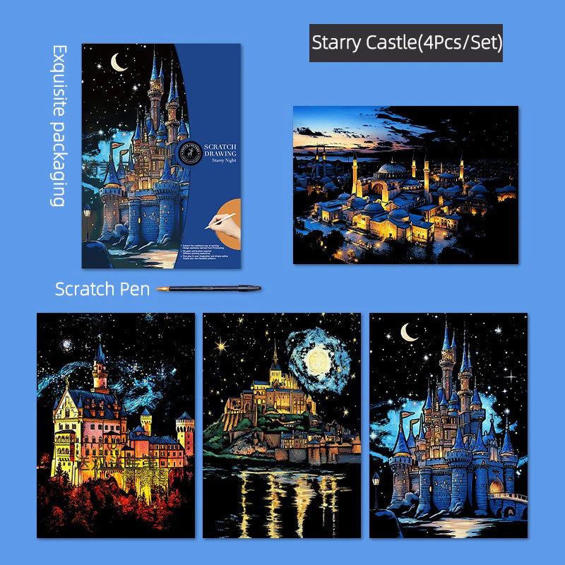 CowLost | product_id-4pcs-a3-diy-scratch-painting-set-colosseum-forbidden-city-cherry-blossom-castle-night-view |19