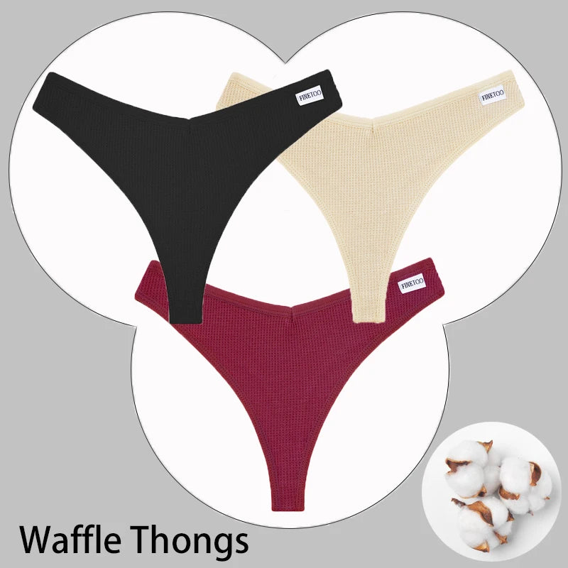 CowLost | activewear-pants-3pcs-cotton-waffle-women-s-sexy-thong-panties-set |45