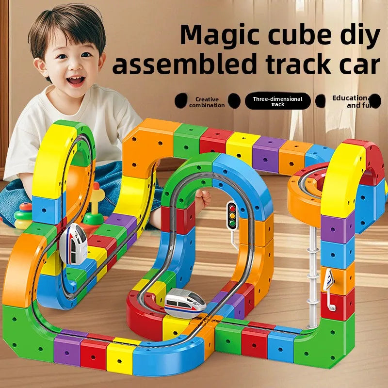 Children Magnetic Rail Car Cube DIY Building Blocks Educational Track Train Toy Christmas Gift