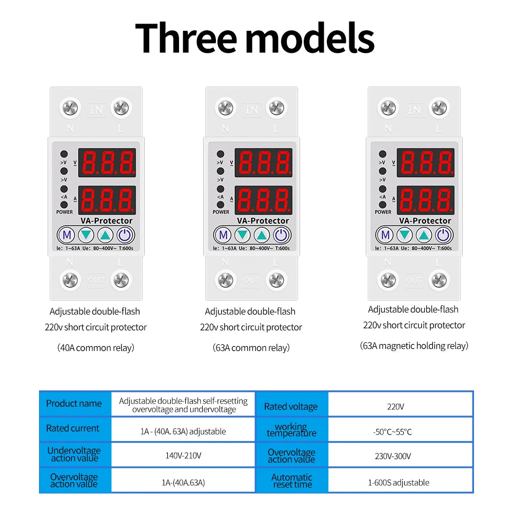 40A/63A Adjustable Digital Voltage Relay 220V Circuit Breaker Surge Protector Over & Under Current Protection