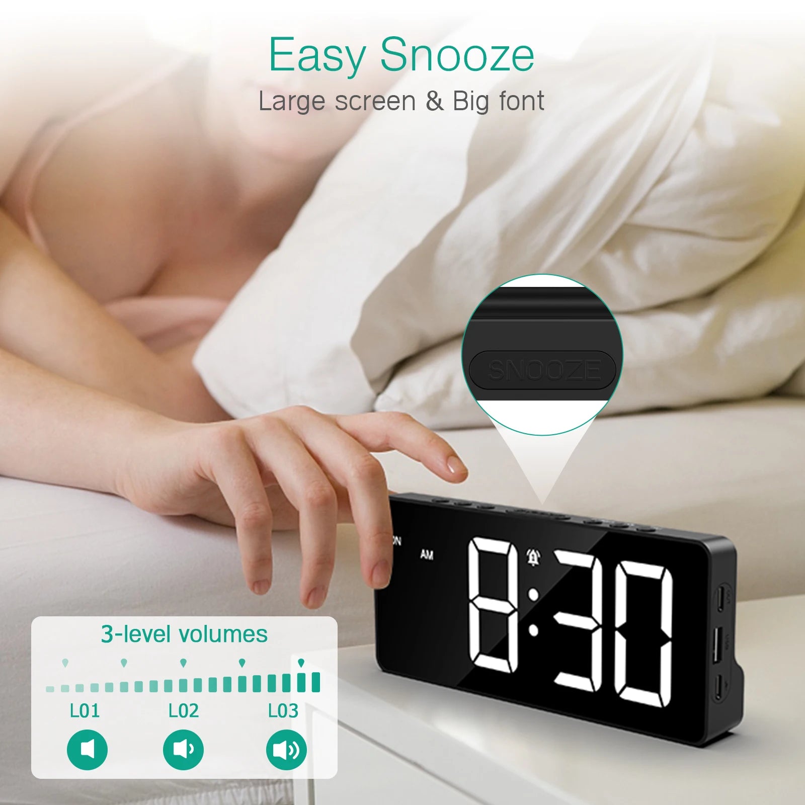 AMIR Digital Alarm Clock Large LED Display with 4 Alarm Modes, Snooze, DST, 12/24H for Bedroom & Office