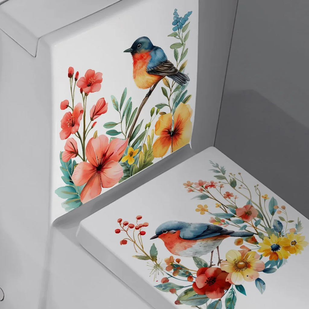 CowLost | 2pcs-diy-bathroom-sticker-bird-flower-design-for-bathroom |3