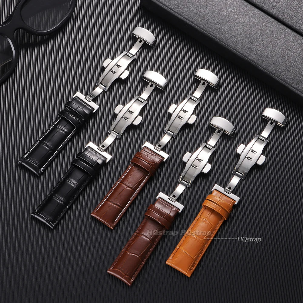 Genuine Leather Bamboo Pattern Watch Strap 14-24mm with Steel Butterfly Buckle Black Brown