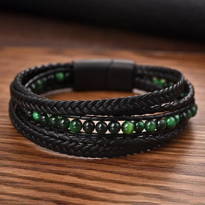 CowLost | badge-pass-holders-mens-natural-stone-beads-multilayer-leather-bracelet-with-magnetic-clasp |2