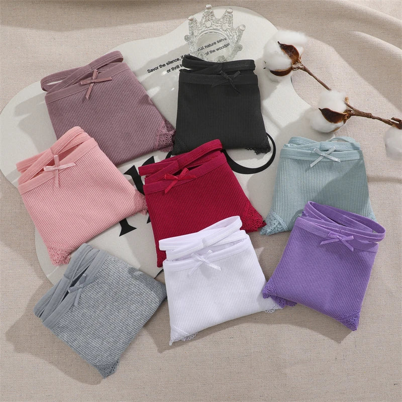 CowLost | activewear-pants-finetoo-4pcs-women-s-cotton-striped-lace-briefs |12