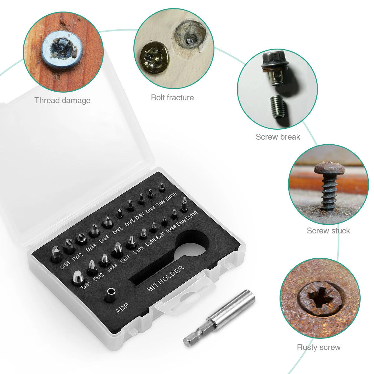 22pcs Screw Removal Set for Hexagonal, Machine, Tension, Wood & Sheet Metal Screws