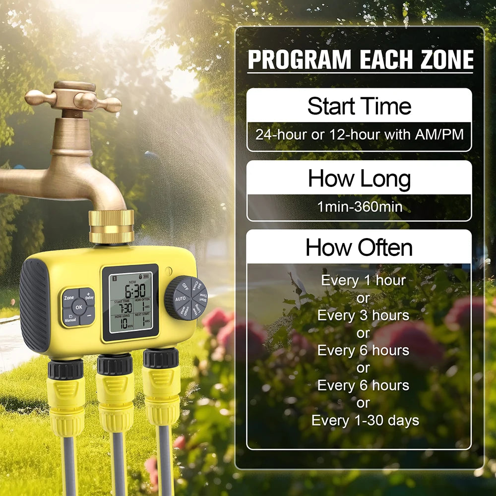 Intelligent 1-3 Zone Automatic Solar Water Timer Irrigation Controller for Garden Lawn