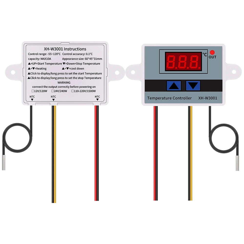 XH-W3001 Digital LED Temperature Controller Thermostat with NTC Sensor and Probe 220V for Incubator Cooling Heating