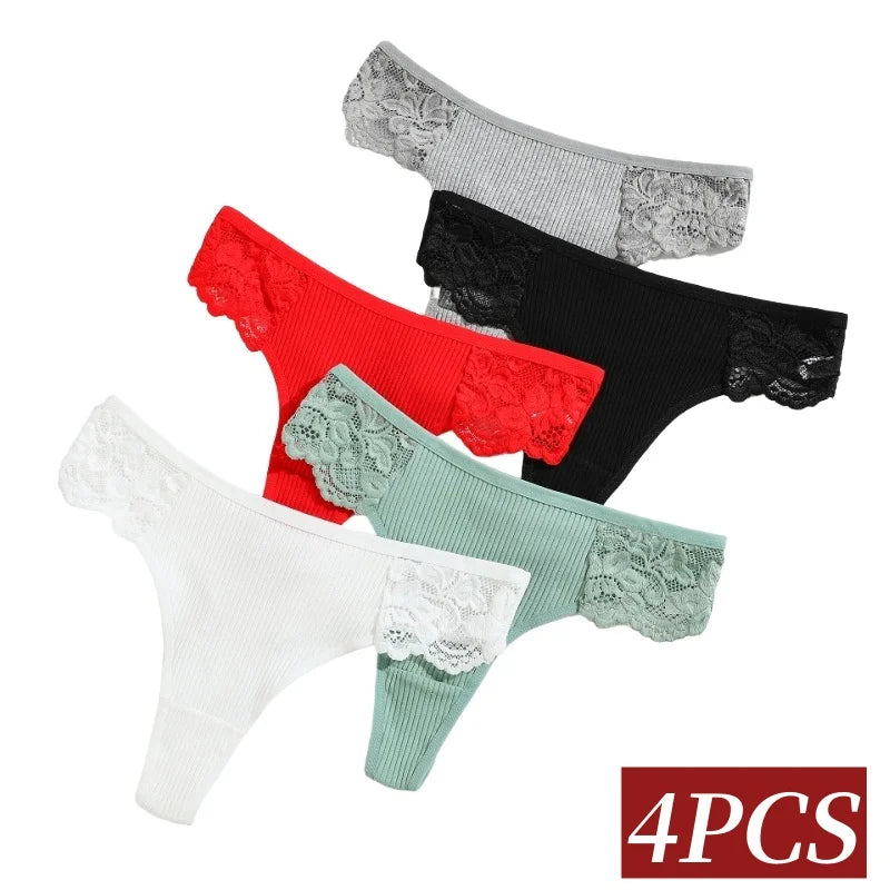 CowLost | product_id-4pcs-women-s-cotton-low-waist-lace-trim-solid-color-g-string-thongs-set |2