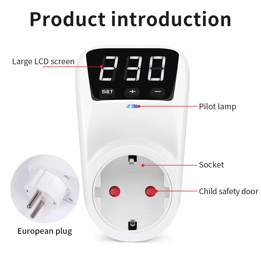 LCD Voltage Protector with LCD Display, Automatic Reset, Surge & Undervoltage Protection, EU/US Plug