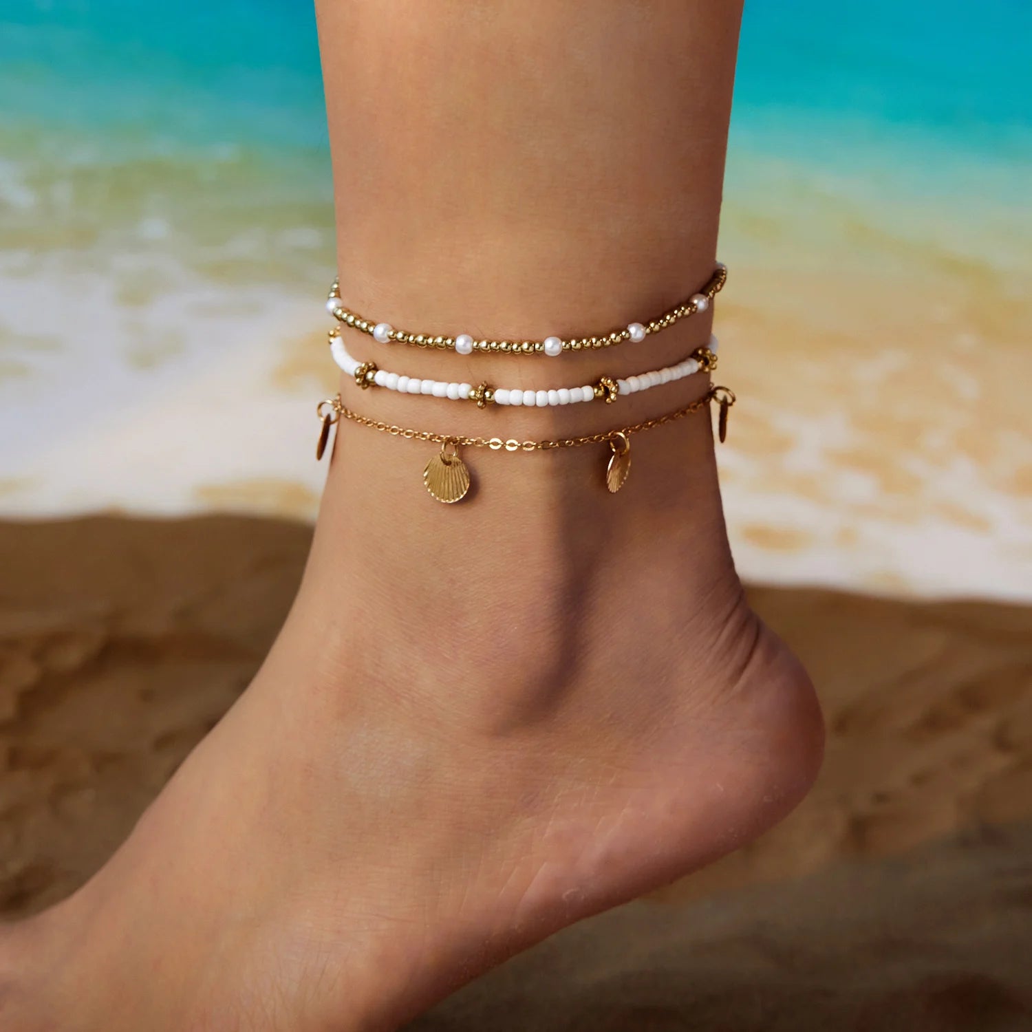 CowLost | vintage-gold-color-starfish-sea-shell-metal-chain-anklet-set-for-women |13