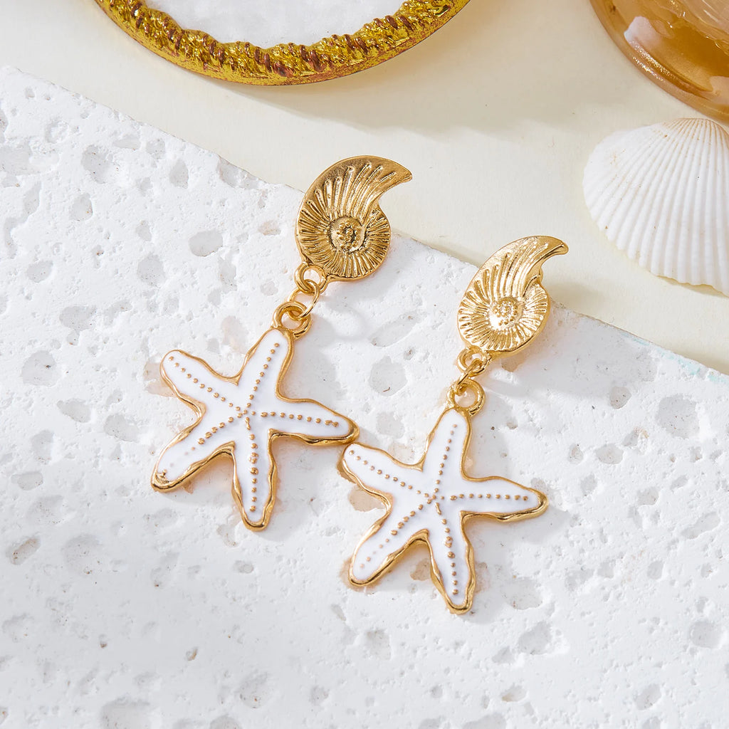 CowLost | ocean-series-conch-starfish-dangle-earrings-for-women-summer-beach-asymmetrical-metal-enamel-earring-girls-party-jewelry-gift |3