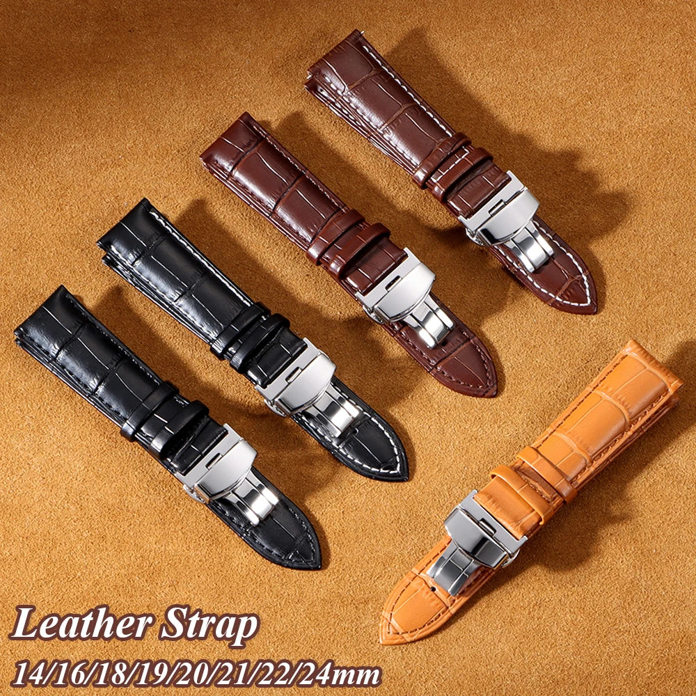 CowLost | product_id-genuine-calfskin-leather-watch-strap-16-24mm-black-with-brown-stitching-butterfly-buckle |1