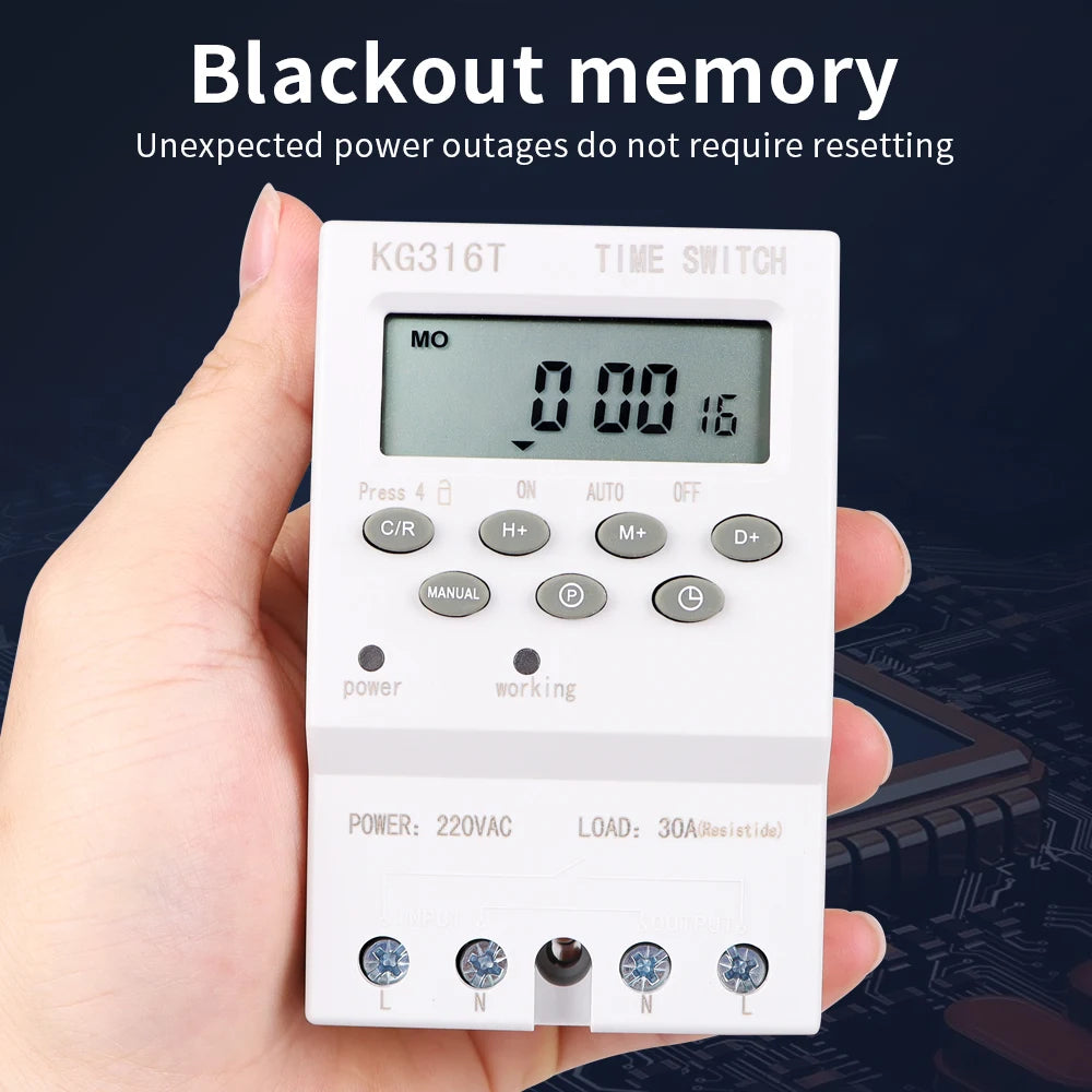 Digital 7-Day Programmable Timer Relay 220V 25/30A with Power Outage Memory
