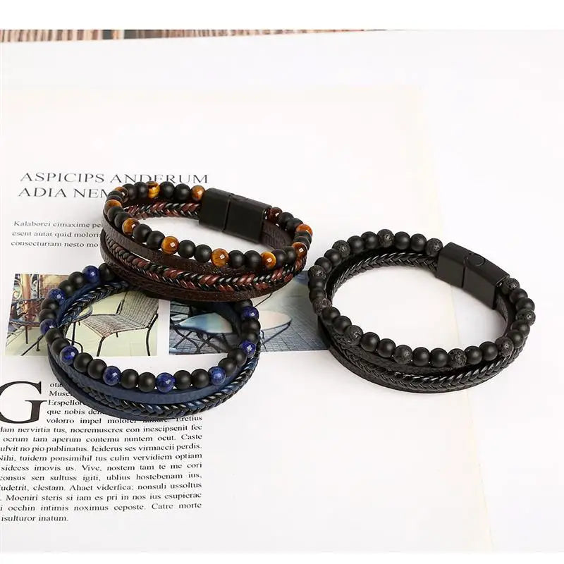 CowLost | high-quality-leather-bracelet-men-classic-fashion-tiger-eye-beaded-multi-layer |9