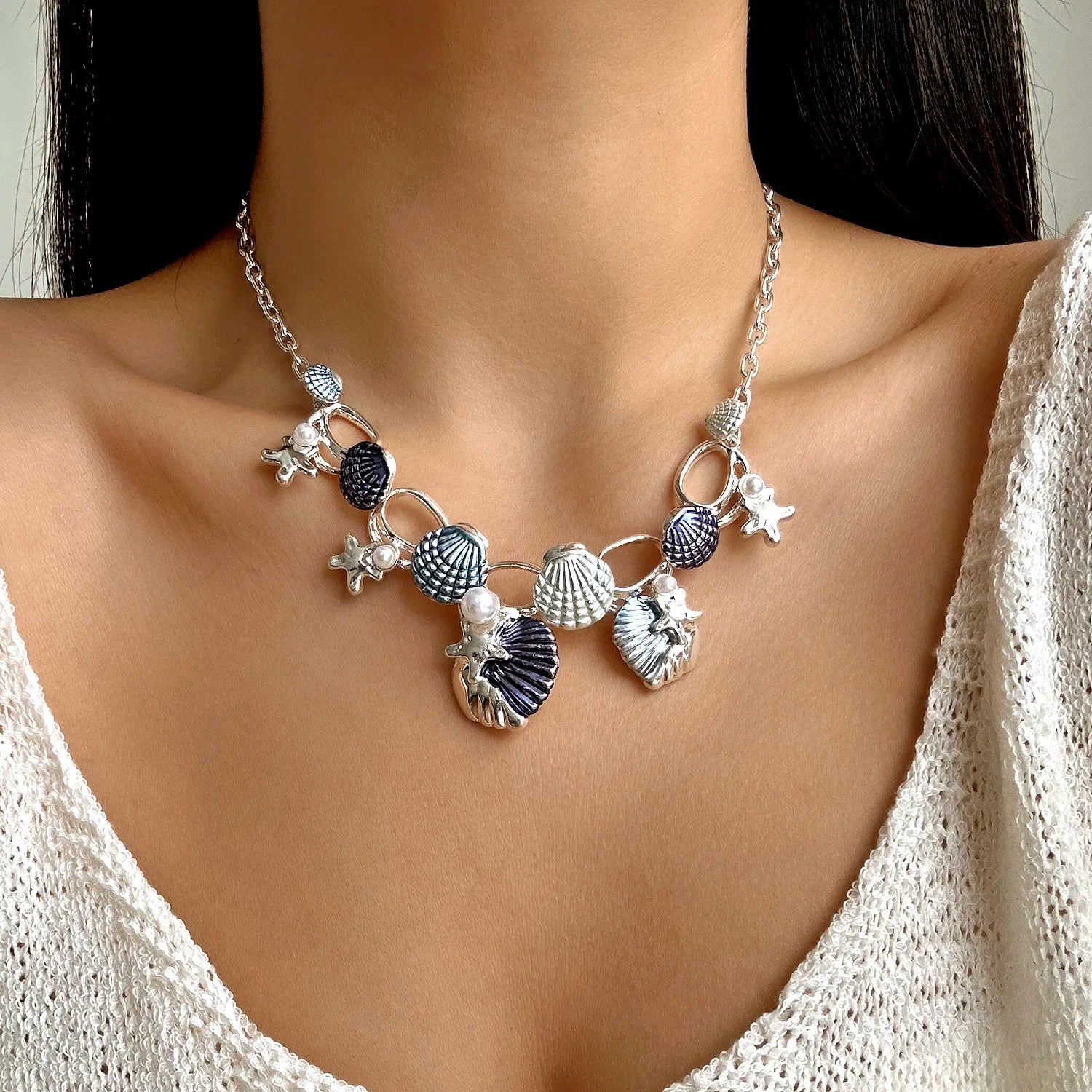CowLost | boho-starfish-shell-coral-pearl-pendant-necklace-for-women-shiny-crystal-zircon-dripping-oil-beach-clavicle-choker-charm-jewelry |8