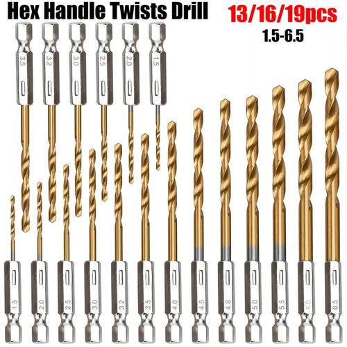 CowLost | 13-16-19pcs-hexagonal-handle-titanium-plate-twists-drill-bits-set-high-speed-steel-1-5-6-5mm-drill-bits-for-wood-plastic |1