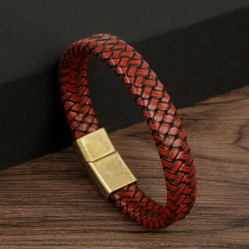 CowLost | badge-pass-holders-classic-mens-braided-leather-bracelet-with-magnetic-clasp |8