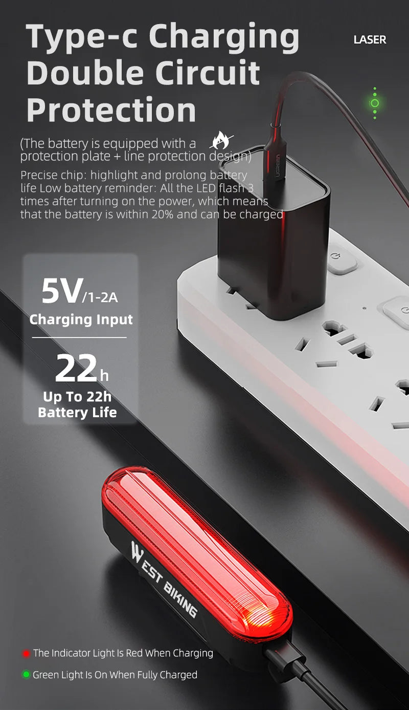 CowLost | west-biking-bike-taillight-laser-brake-sensing-rear-light-ipx5-waterproof-usb-charging-bike-light-mtb-road-bicycle-accessories |16
