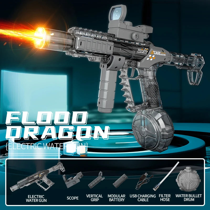 Long Range Electric Water Gun Toy with Automatic Sensor and Muzzle Flame for Kids