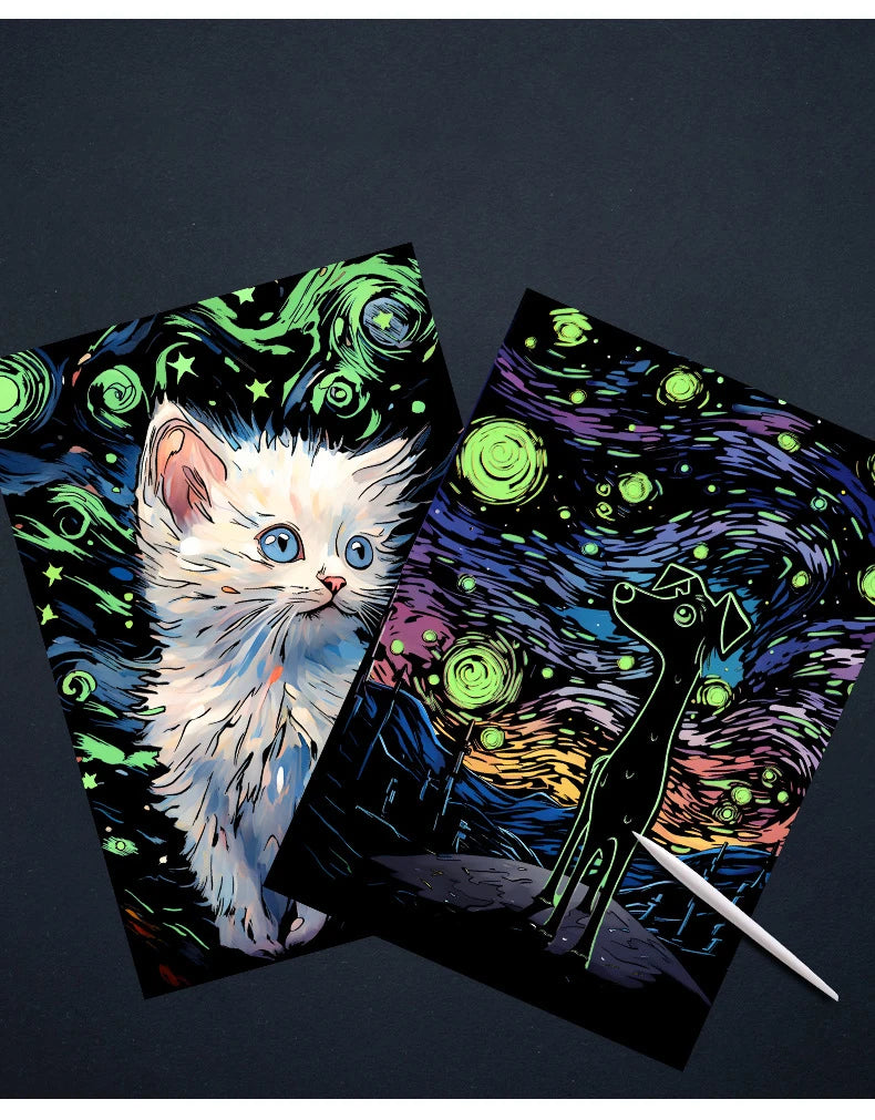 CowLost | product_id-a3-diy-noctilucent-scratch-painting-kit-castle-starry-cat-dolphin-landscape-night-scenes |21