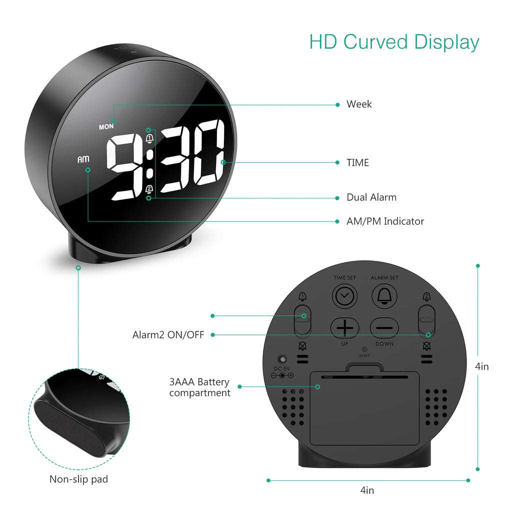 ORIA Digital LED Alarm Clock with Snooze Night Light USB Round Table Clock 3 Colors