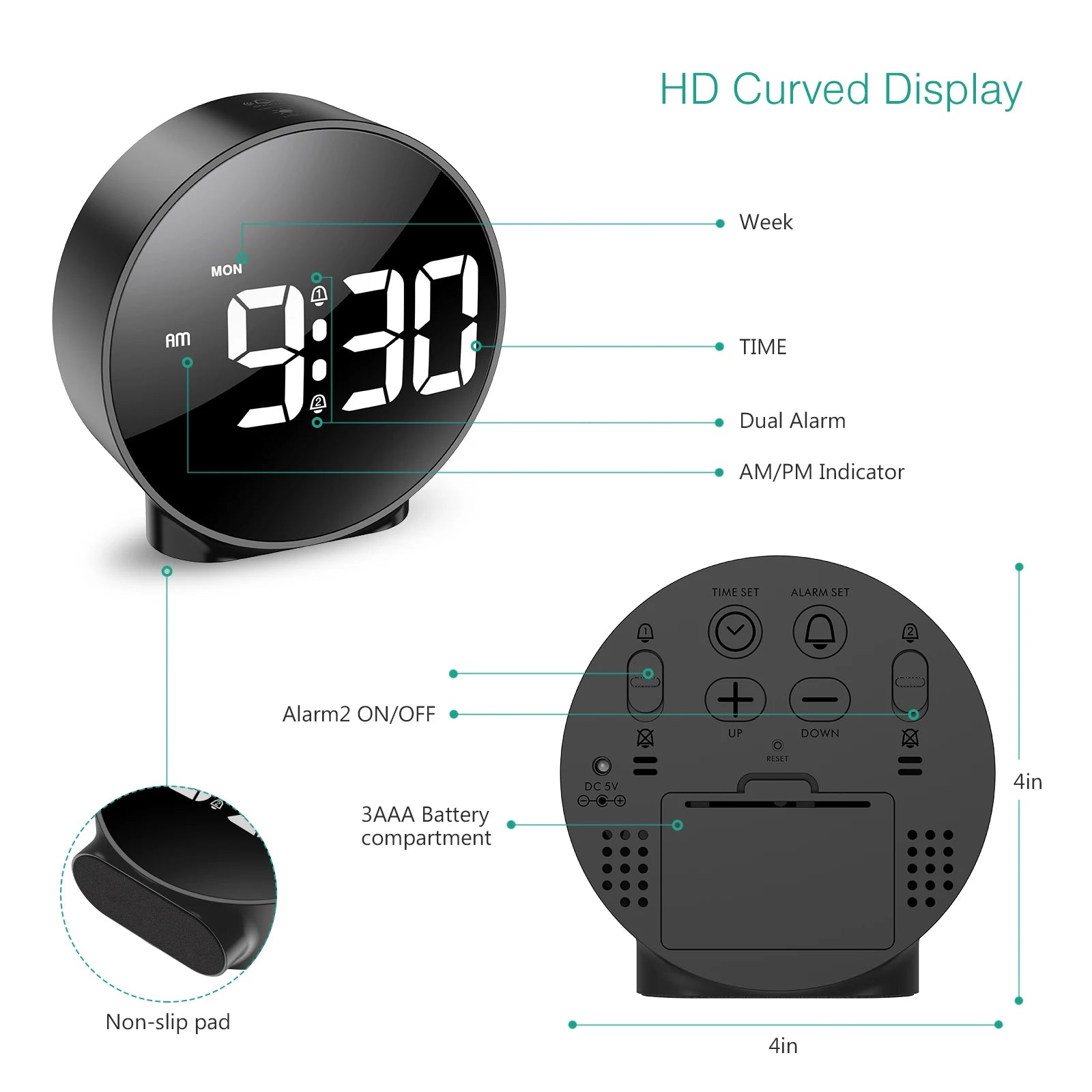 ORIA Digital LED Alarm Clock with Snooze Night Light USB Round Table Clock 3 Colors