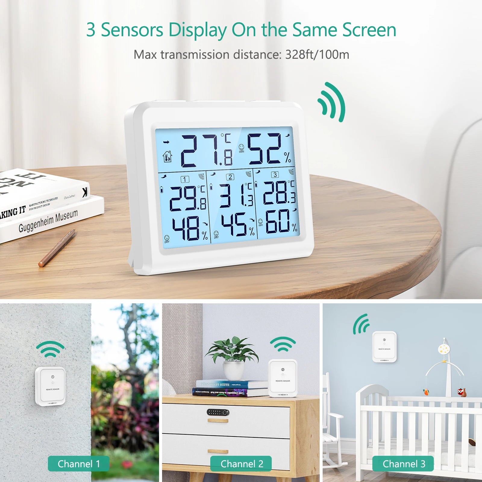 ORIA Wireless Digital Hygrometer Thermometer Indoor Outdoor with 3 Sensors