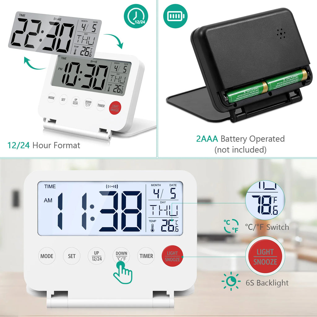 ORIA Digital Foldable LCD Alarm Clock with Calendar, Temperature, Timer – Battery Operated for Travel, Home, Office