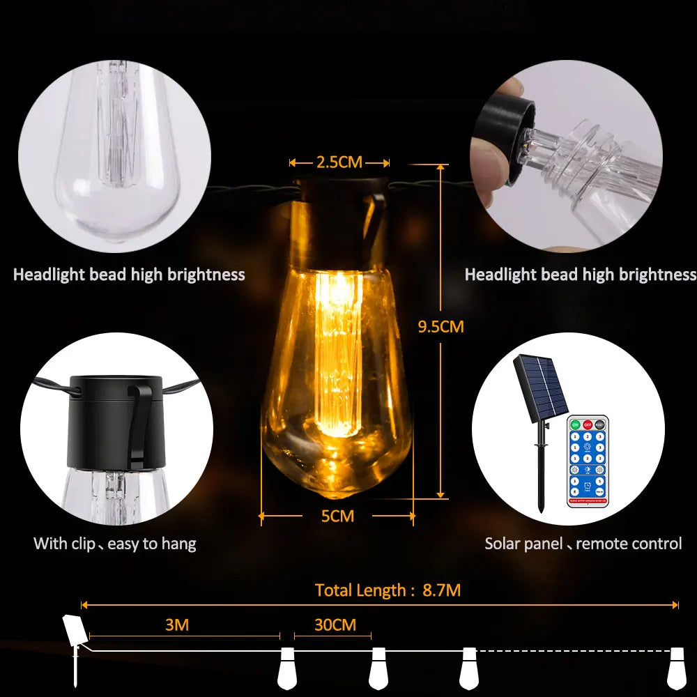 32FT S14 Solar Waterproof Outdoor String Lights with Remote, 8 Modes, Shatterproof Bulbs, High Brightness