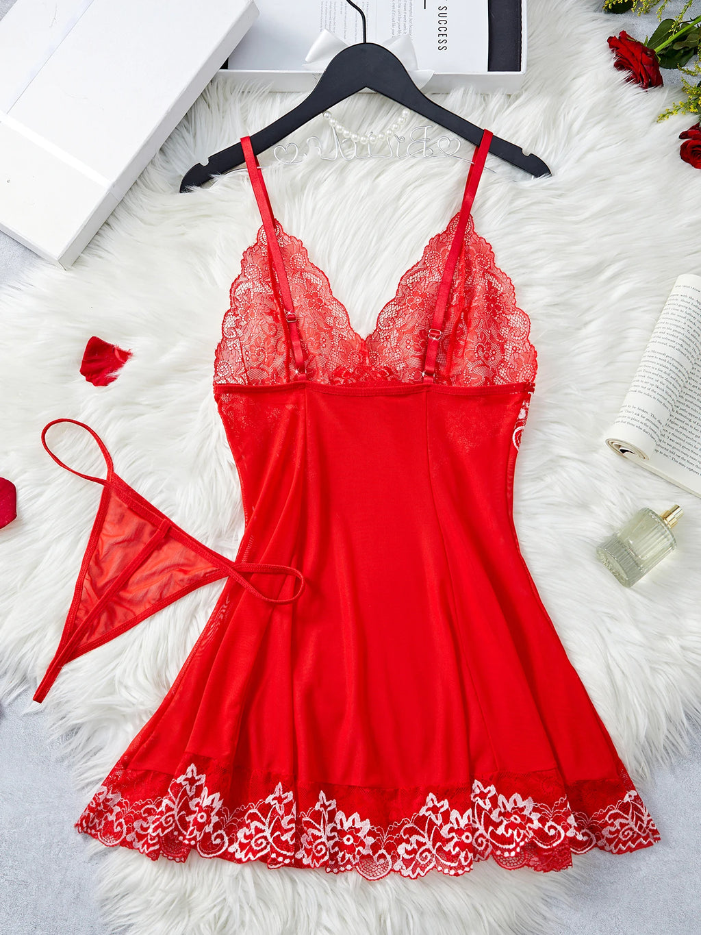 CowLost | red-contrast-mesh-lace-lingerie-set-deep-v-transparent-slip-nightdress-thong-pijamas-set |10