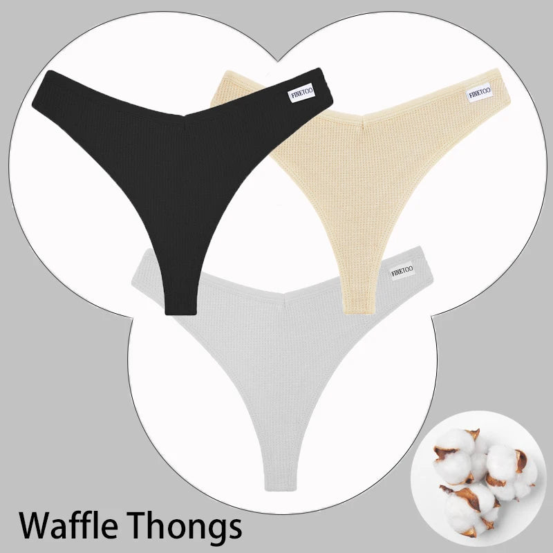 CowLost | activewear-pants-3pcs-cotton-waffle-women-s-sexy-thong-panties-set |53