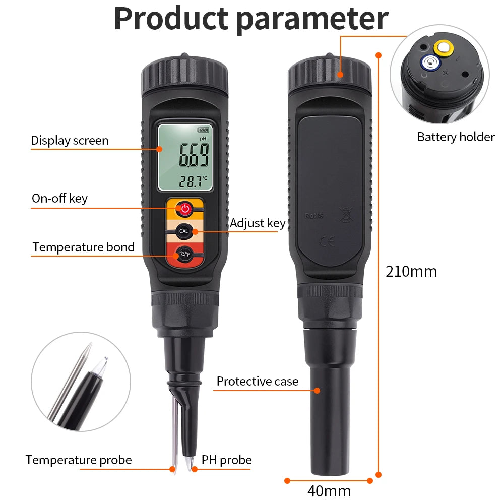LCD Digital PH Meter 0.00-14.00 Handheld Soil, Food, Dough Acidity Tester for Fruit, Cheese, Meat, Skin