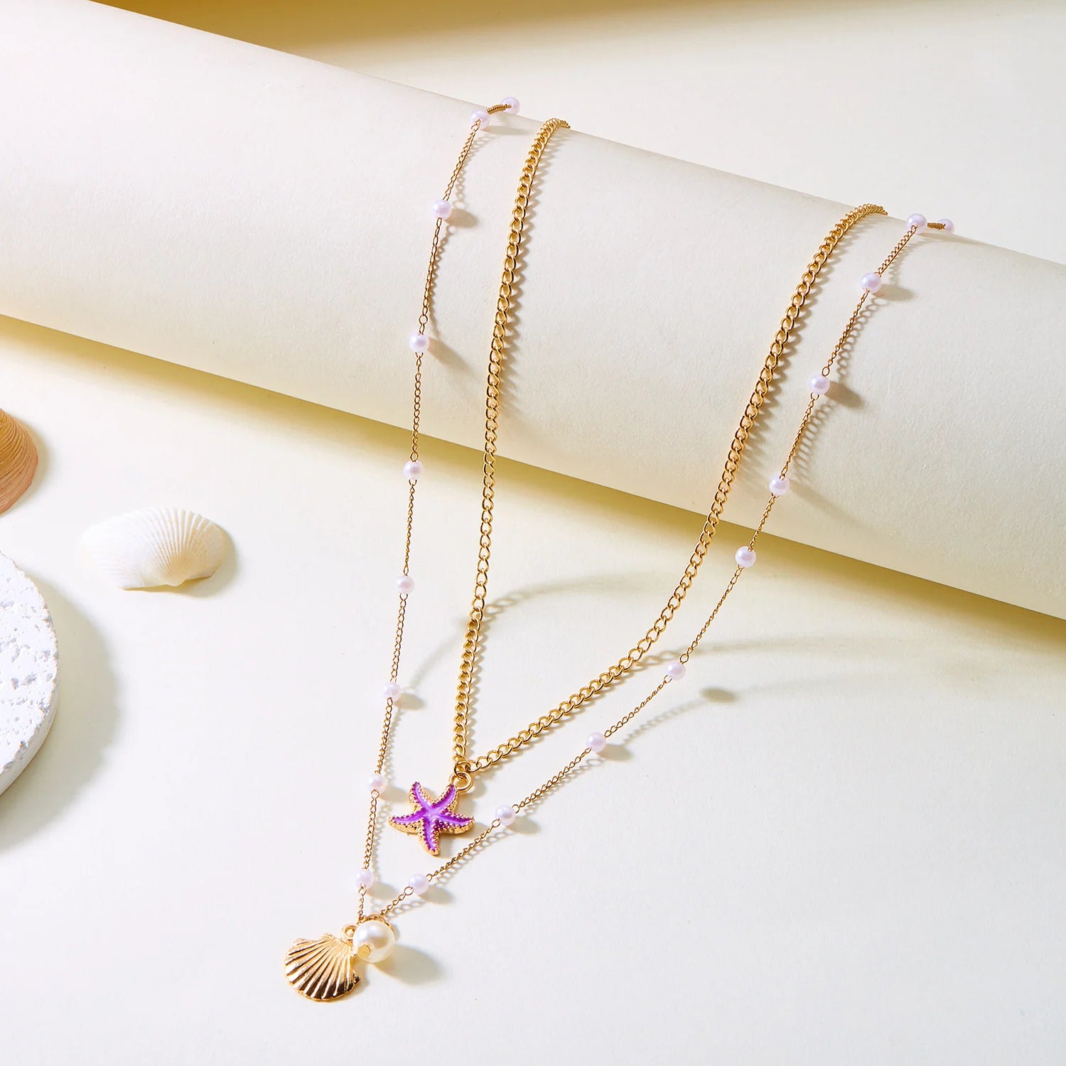 CowLost | boho-bohemian-sea-shell-starfish-pendant-necklaces-for-women-double-layered-tortoise-imitation-pearl-bead-chain-beach-jewelry |6