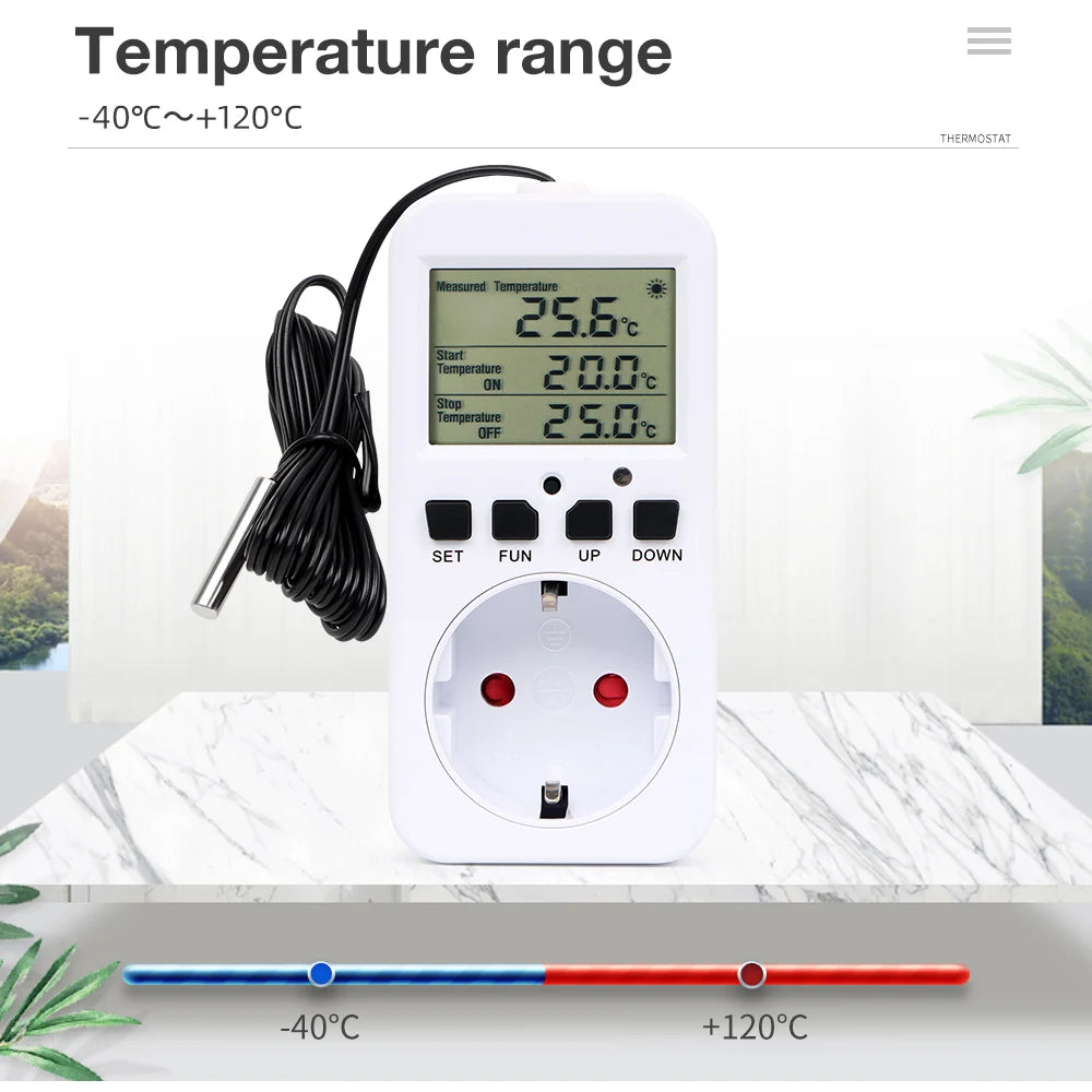 LCD Thermostat Timer Socket 16A EU Plug Temperature Controller with Alarm and Circulation Switch for Heating Cooling